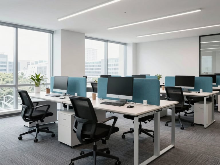 Wide environmental shot of a modern collaborative workspace, bright natural office daylight, clean composition, professional setting