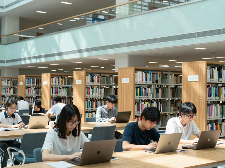 Modern university campus library, students studying on laptops, natural light, wide shot