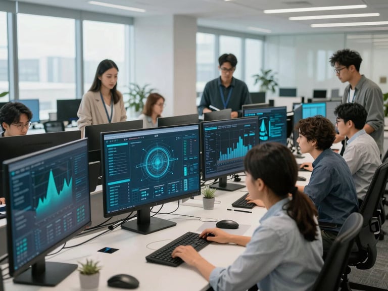 Diverse team of professionals collaborating in a modern open-plan office, engaged with large data screens, cool tones