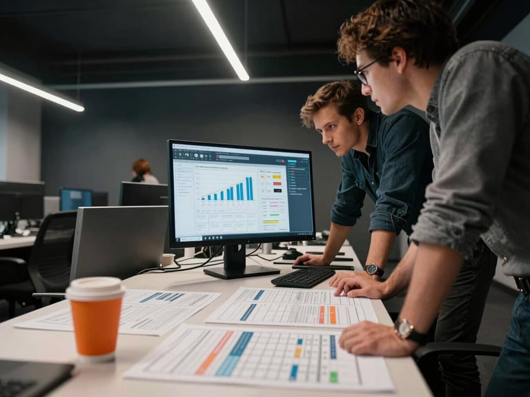 Wide environmental shot of an agency planning session: two people leaning over a large monitor showing a campaign dashboard with conversion graphs, overhead fluorescent strip light casting sharp shadows, printed content calendar spread on desk, orange coffee cup in foreground, dark wall behind, cinematic depth