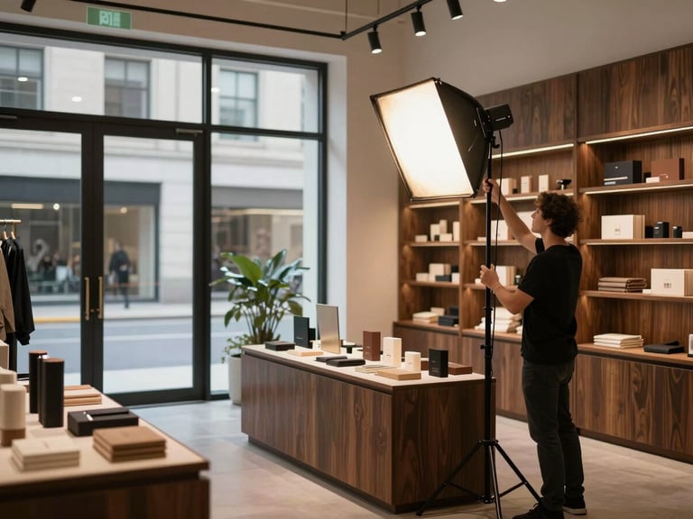 Wide environmental shot of a professional photo shoot inside a modern boutique retail store, photographer adjusting lighting rig aimed at a product display, warm tungsten fill lights against cool ambient daylight from large shopfront windows, dark wood shelving in background