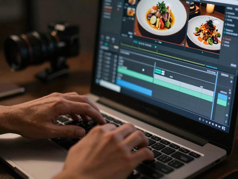 Extreme close-up of hands on a professional video editing timeline on a high-resolution monitor, color-graded footage of a restaurant dish visible on screen, shallow depth of field, dramatic side-lighting from left, dark desk surface