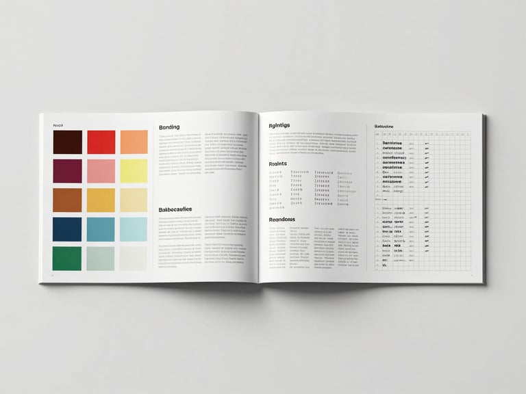 Wide flat-lay of an open brand guidelines booklet beside a set of color swatches and a ruled typography specimen sheet, arranged on a matte white surface under north-facing daylight, precise geometric layout, no decorative props, generous negative space at the top of the frame