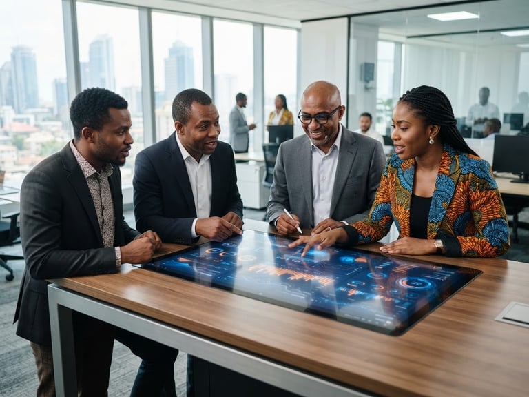 Crisp enterprise photography, bright natural office light, professional West African business leaders collaborating around a high-fidelity interactive tablet displaying clean data visualizations, 35mm