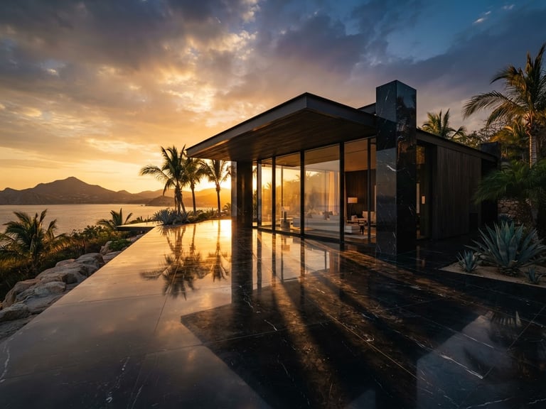 Wide-angle cinematic architectural shot of a modern luxury pavilion, dramatic golden-hour light casting long shadows on polished black marble, sharp focus, 35mm lens