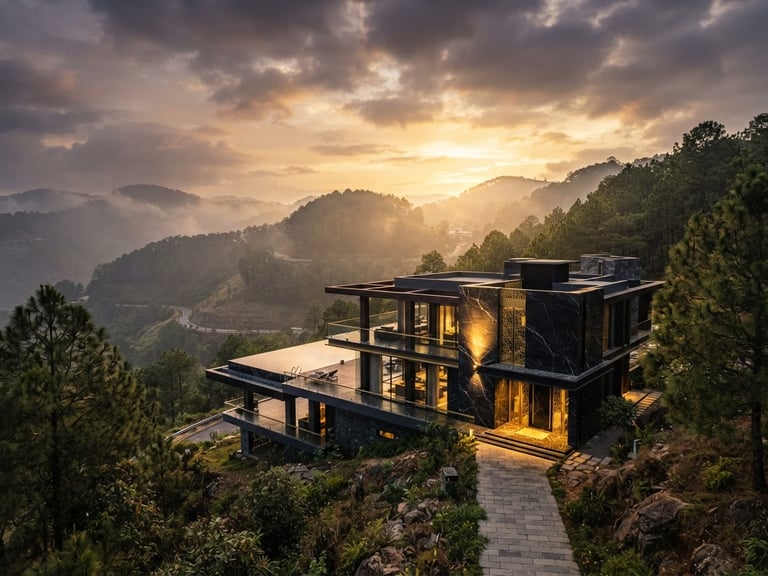 Cinematic wide-angle view of a modern luxury pavilion integrated into Shillong's misty pine hills, dramatic golden-hour sunlight reflecting off polished black marble and gold brass accents, sharp focus, 35mm architectural lens