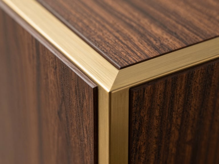 Macro close-up of a flawless material junction, dark walnut wood meeting a brushed brass metal inlay, soft side lighting, showcasing high-end architectural craftsmanship.