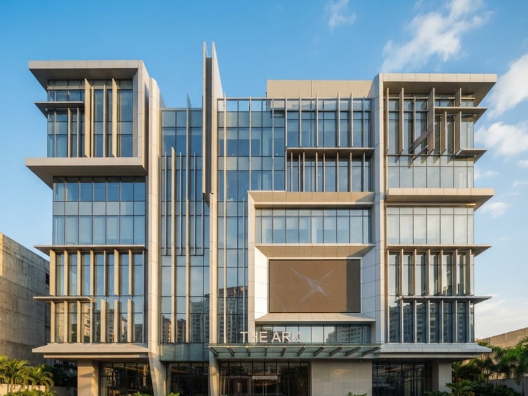 Bright editorial photo of a modern architectural building facade in Pasay, warm natural sunlight, clean lines, sharp focus.