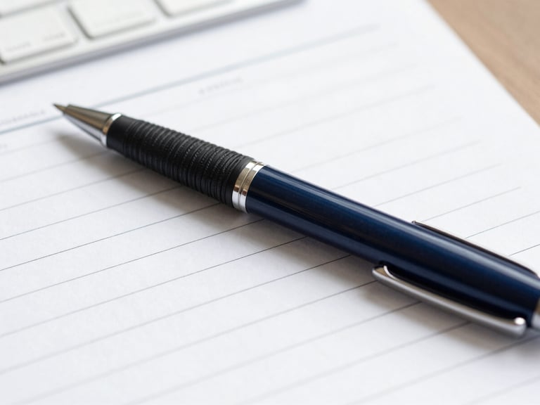 Close-up of a pen on a document, clean office environment, natural light, deep navy and neutral tones, sharp focus, 35mm
