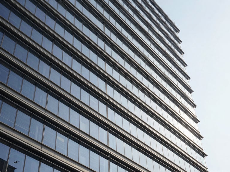 Modern corporate architecture, abstract financial lines, bright natural daylight, deep navy and neutral tones, sharp focus, 35mm