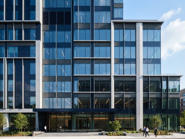 Modern corporate building facade with clean architectural lines, bright natural daylight, deep navy and neutral tones, sharp focus, 35mm