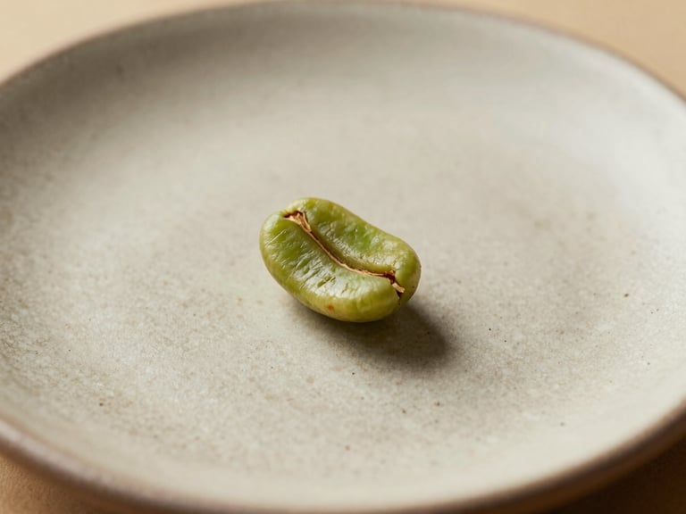 A single raw green coffee bean resting on a rough ceramic plate, dramatic soft lighting, minimalist composition, warm parchment background, 35mm lens.