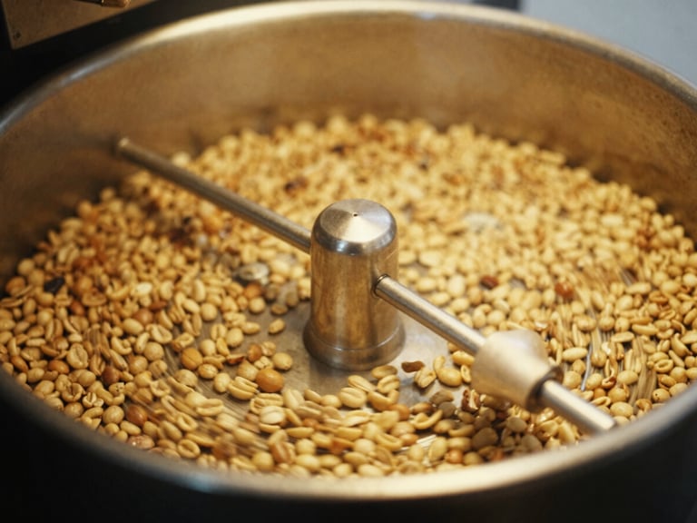 A close-up of coffee roasting drum window showing glowing yellow and brown beans spinning inside, soft motion blur, warm golden light, 35mm lens.