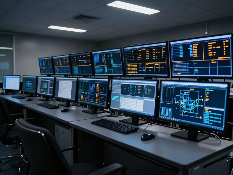 Wide shot of a command center with multiple monitors displaying network monitoring dashboards mid-alert, electric blue and amber status indicators glowing against near-black surroundings, cool overhead LED lighting casting precise rim light on metal equipment racks, no humans visible, data streams and topology maps dominating the frame