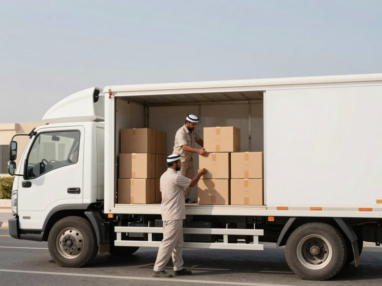 Wide environmental shot of a clean, white moving truck parked on a sunlit street in Ras Al-Khaimah, with crew members in matching uniforms systematically loading neatly stacked boxes, 35mm