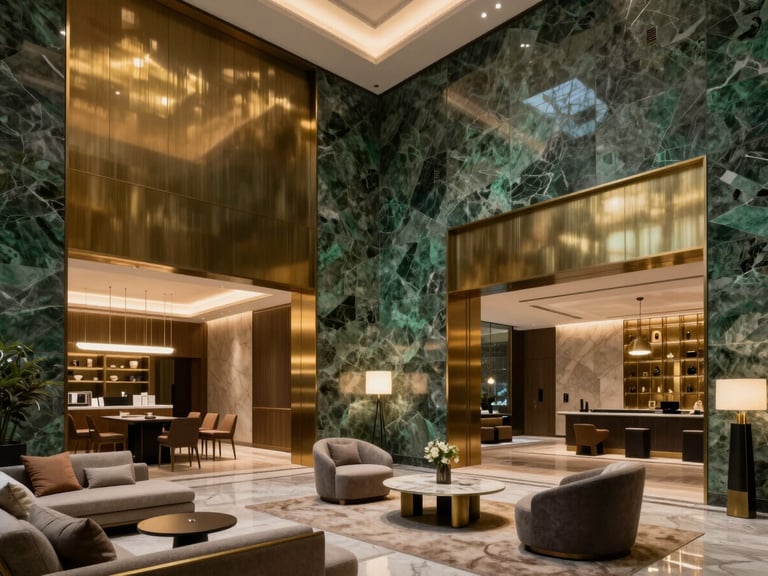 Warm, low-contrast interior render of a double-height luxury lobby with emerald stone walls, brushed brass finishes, and bespoke modern furniture under elegant architectural lighting