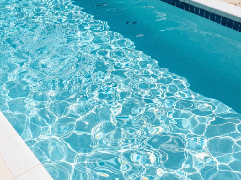 Vibrant close-up of a sparkling clean residential pool surface with crisp water ripples under bright midday Florida sunlight, white tile border