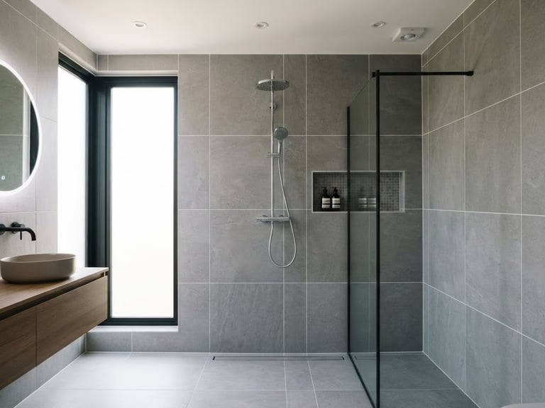 Straight-on architectural shot of a modern bathroom with large format grey tiles, crisp white grout lines, bright natural daylight from a side window, highly detailed.
