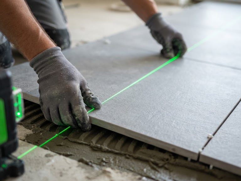 Macro view of a laser level casting a sharp green line across grey porcelain tiles, hands in protective gloves aligning a tile, high contrast, clean architectural photography, 35mm lens