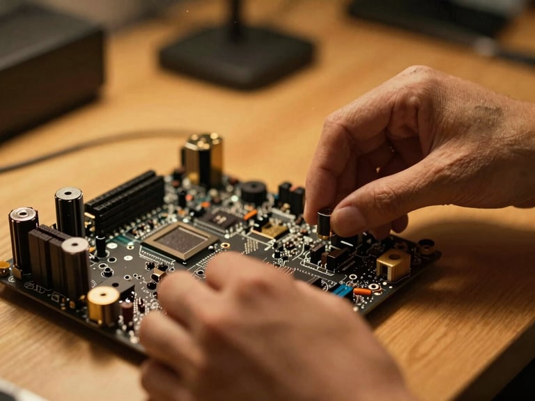 Cinematic close-up of hands carefully assembling a high-end computer motherboard, warm amber workbench lighting, shallow depth of field, dust particles in light