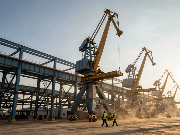 Dramatic golden hour shot of a massive industrial warehouse steel frame structure, heavy cranes lifting steel beams, dust in the air, engineers in high-vis vests walking in the foreground