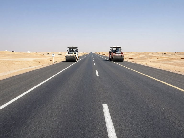 Low-angle wide shot of a newly paved multi-lane highway stretching into the Iraqi desert, clean white lane markings, heavy road rollers parked on the side under bright midday sun