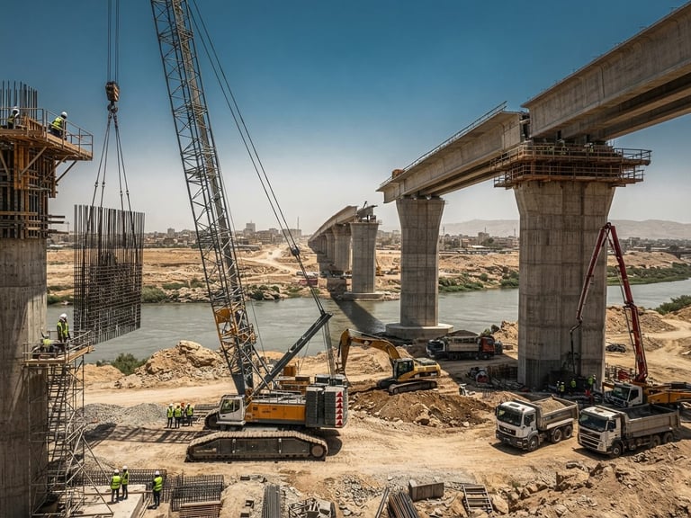 Wide-angle heroic shot of active heavy machinery and massive concrete structures at a bridge construction site in Iraq, high-contrast midday sun, steel blue and dusty gold tones, dramatic industrial photography
