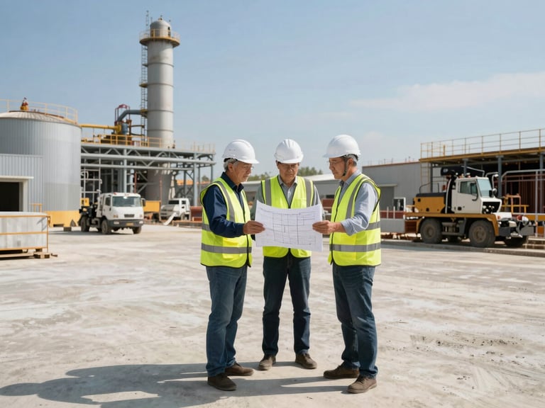 Senior civil engineers in high-visibility vests and white hardhats reviewing structural blueprints on an active concrete industrial site