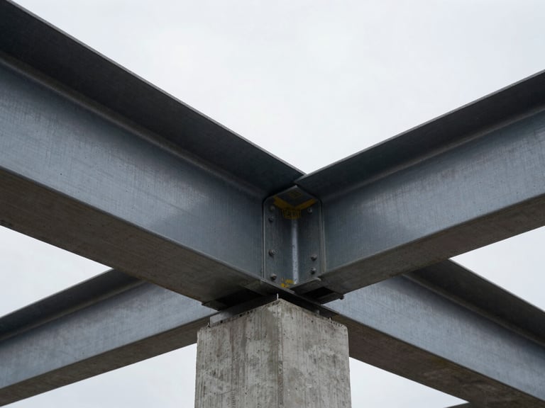 Macro close-up of structural steel beams and raw concrete on a PNW jobsite, overcast daylight, high contrast.