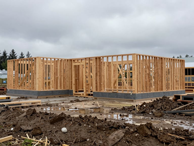 Wide environmental shot of an active residential construction site in Washington under overcast skies, raw wood framing visible, damp earth in the foreground.