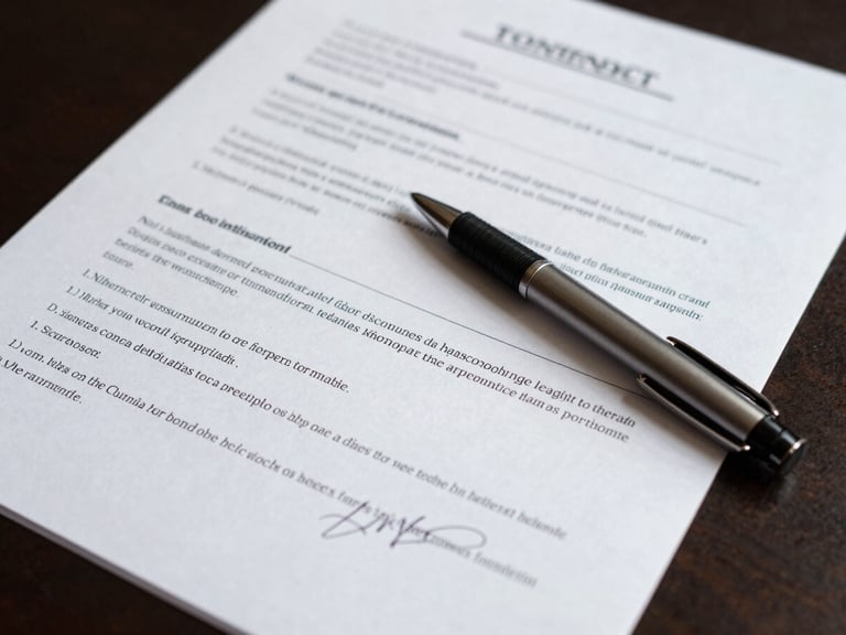 Close macro shot of a contract document covered in handwritten annotations and margin notes, a pen resting across the page, clean overhead north-facing daylight, dark desk surface visible at edges