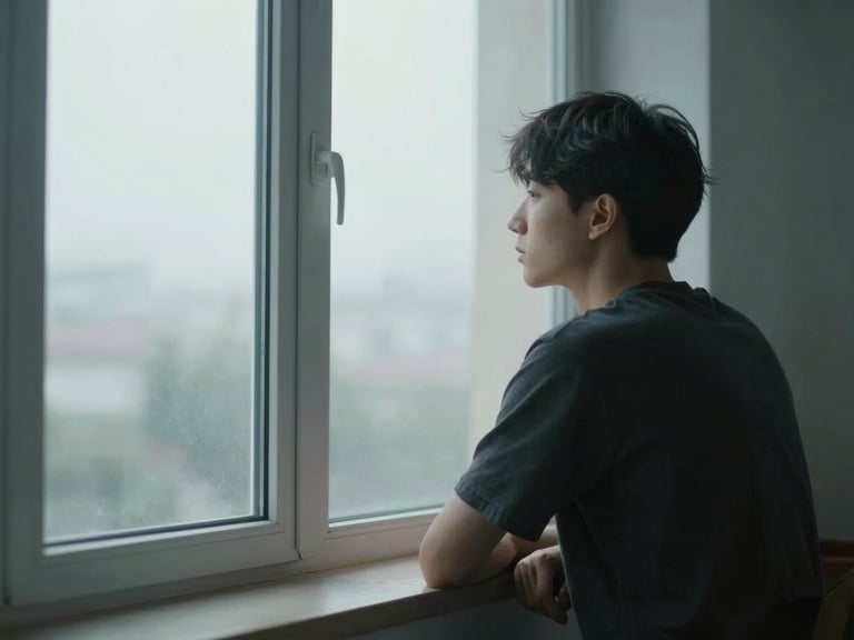 A solitary figure in quiet contemplation near a large window, soft morning light, muted slate tones, shallow depth of field, 35mm