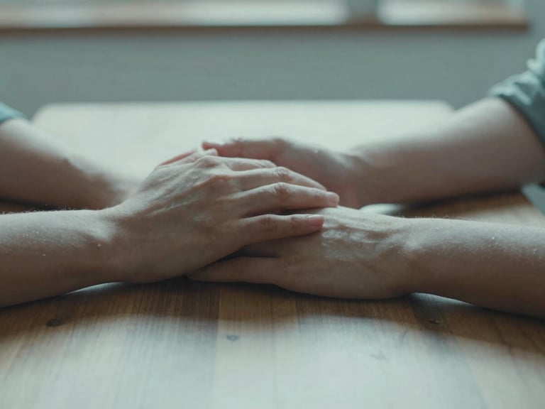 Close-up of two hands gently resting near each other on a wooden table, soft diffused morning light, shallow depth of field, muted teal tones, 35mm photography.