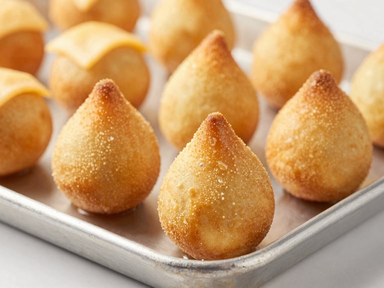 Macro shot of perfectly golden coxinhas and cheese breads on a clean steel industrial baking tray, warm lighting, high detail