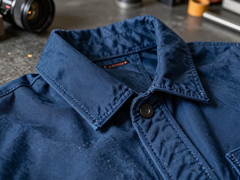 Macro shot of high-contrast natural light on a certified blue industrial jacket seam, highlighting precise heavy-duty stitching on authentic Faso Dan Fani woven collar details, workshop background.