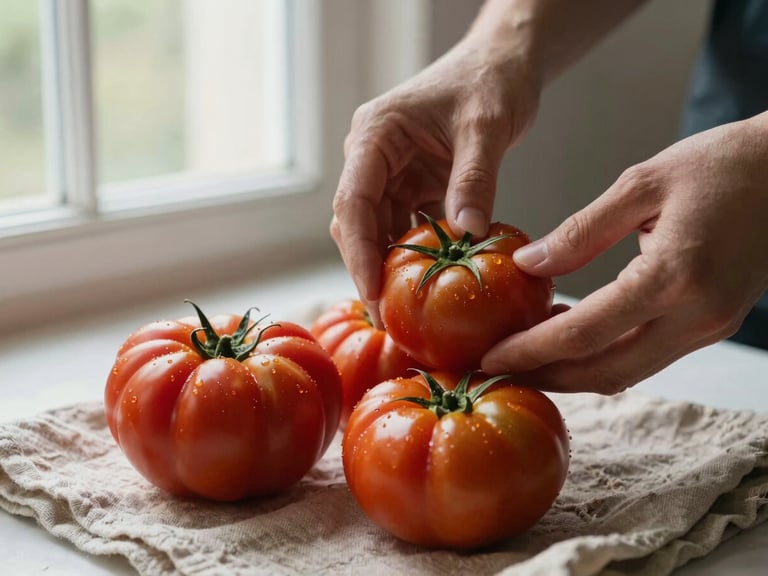 Close-up of hands styling fresh heirloom tomatoes on a rustic linen cloth, soft side-lighting from a north window, elegant composition.