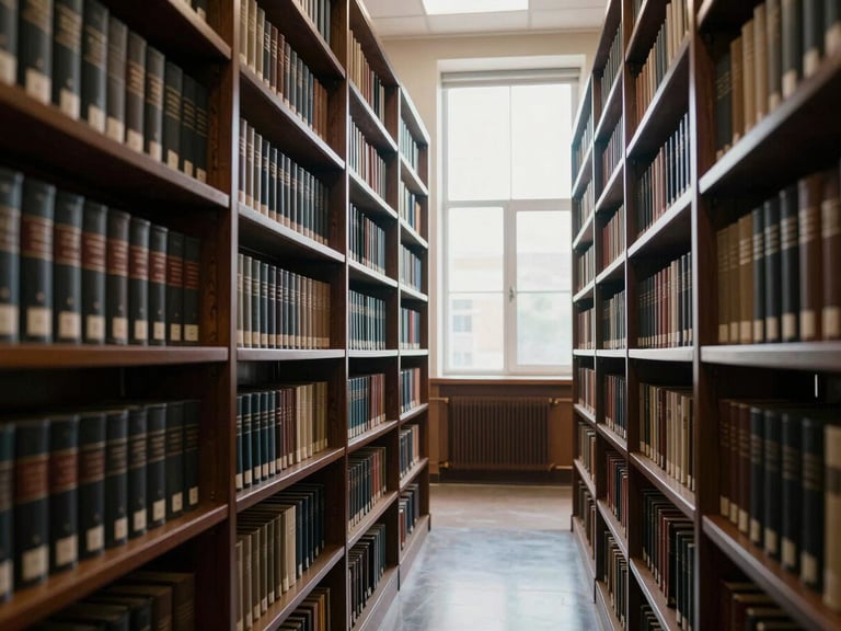Wide environmental shot of a law library filing room, tall dark wooden shelves receding into the background, backlit by a single high window, rows of identical bound volumes in deep shadow, no people, quiet and archival