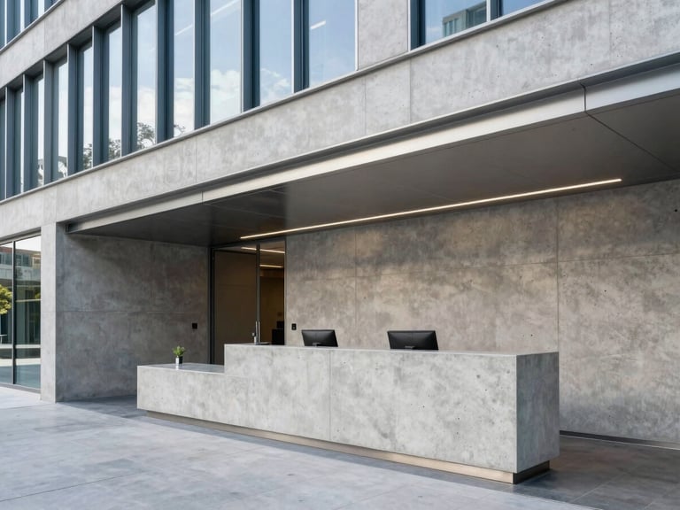 Modern corporate building interior showing a clean reception area with concrete-textured walls, steel accents, and architectural lighting, daylight.