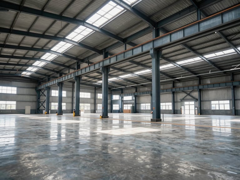 Wide shot of an industrial warehouse interior, polished concrete floor reflecting steel roof trusses, daylight streaming through high windows, sharp focus.