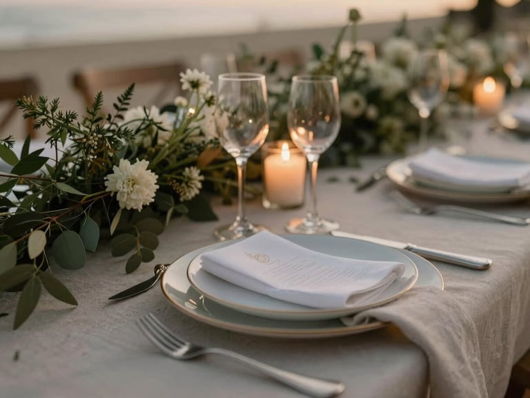 Close-up of a luxury wedding table setting, linen textures, local flora, warm candlelit evening scene, shallow depth of field, 35mm.