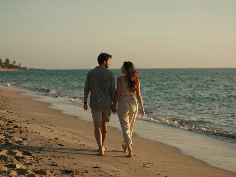 Intimate candid shot of a couple walking along a quiet Riviera Maya beach at sunset, warm golden-hour light, cinematic atmosphere.