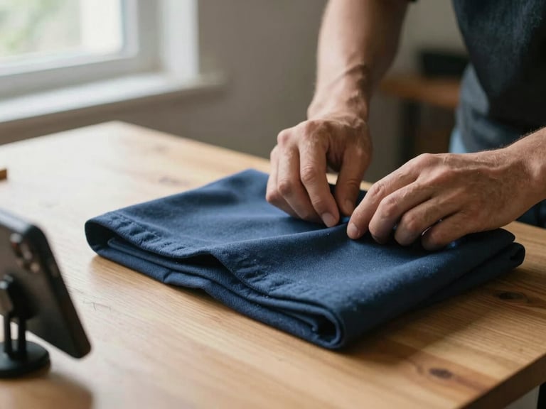Close-up of creator's hands styling a folded garment on a light wooden surface, natural window light from the left, fabric texture visible, a phone propped beside it mid-filming — work in progress, no faces, quiet and deliberate