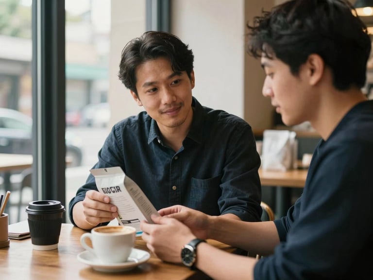 Candid medium shot of a brand representative and a creator reviewing product packaging together at a café table, natural daylight from a side window, hands visible on the table, coffee cups and notebooks in frame, authentic conversation in progress