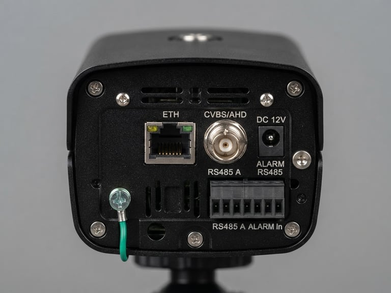 Direct eye-level macro shot of a sleek black security camera housing with ports clearly visible, bright even studio lighting, neutral gray background, 50mm.