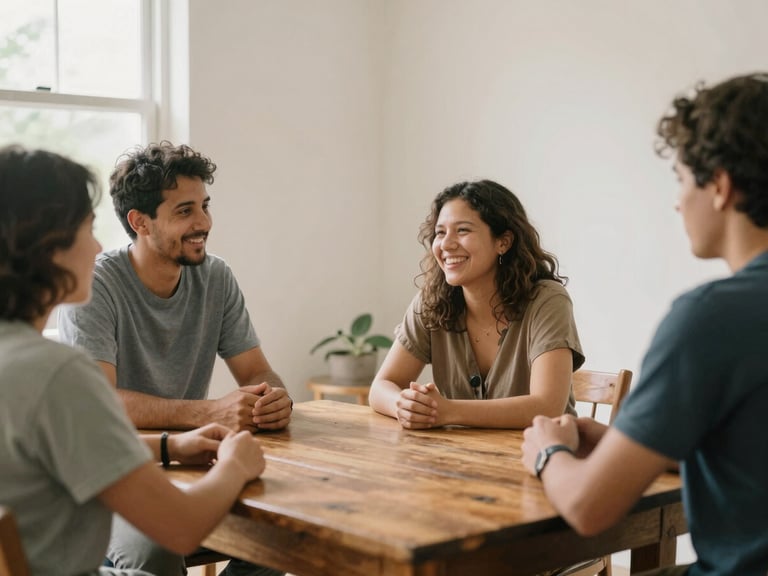 Warm documentary photography of community leaders sitting around a rustic wooden table in a sunlit room, talking and laughing, 35mm, soft natural daylight, shallow depth of field.