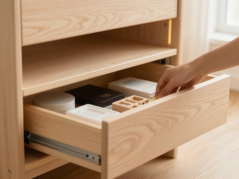 A teen's hand opening a soft-close drawer on a storage bed, revealing organized items, warm birch interior, natural light, architectural photography.