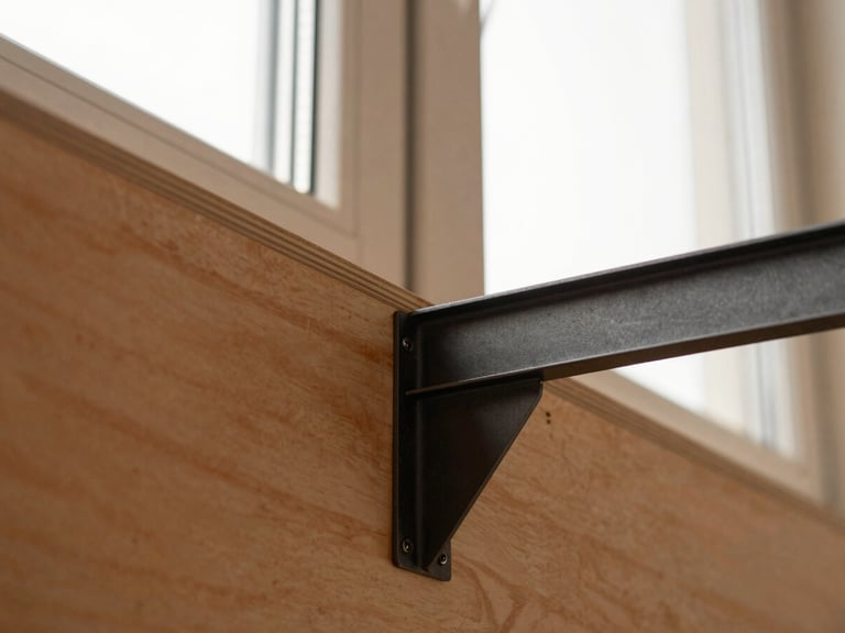 Close-up of a matte black steel bracket connecting two birch plywood panels, emphasizing robust construction, natural window light, warm architectural photography.