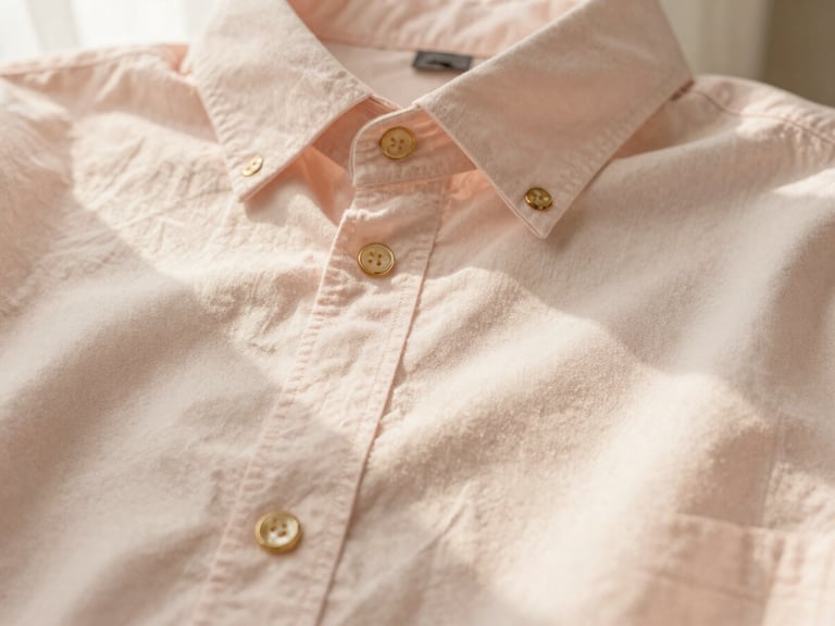 Close up of a premium soft pink cotton shirt with delicate gold button details, warm morning light, texture-focused editorial photography