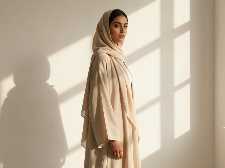 Elegant woman in a flowing beige linen abaya standing near a sunlit window, soft shadow patterns, warm minimalist editorial, 35mm