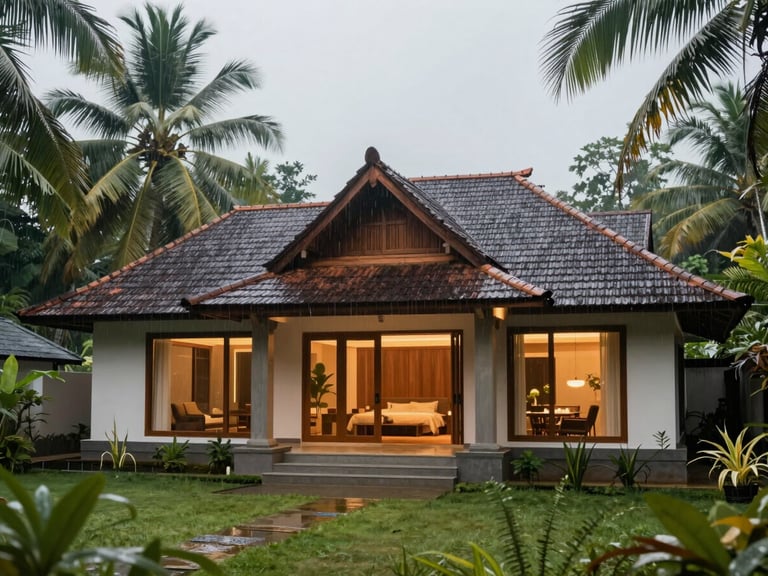 Wide shot of a modern Kerala villa with deep overhanging roofs during a soft rain, lush tropical foliage, warm interior lighting glowing through glass